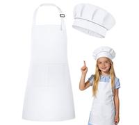 DiULi Set de Delantales Infantiles,Conjunto de 2 Piezas Delantales Ajustable y Gorro de Cocinero Niños,Delantal de Chef con Bolsillos,Pequeños Cocineros Regalo para Hornear,Pintura,Jardinero(Blanco L)