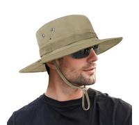 DiULi Sombrero de Pescador Mujer Hombre, Gorro Pescador Plegable, Sombreros Sol Ala Ancha, Gorro Explorador Estilo Vaquero con Cordón Ajustable, Verano Bucket Hat para Safari, Senderismo(Caqui Oscuro)