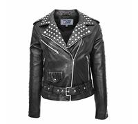 Divergent Retail DR256 - Chaqueta de piel estilo motociclista con tachuelas para mujer, color negro, Negro -, 14