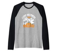 Diversión con Calabazas de Gato Fantasma de Halloween Camiseta Manga Raglan