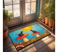 Divertida alfombra de baño con dos gatos negros sentados en hongos rojos bajo un sol brillante, felpudo pequeño felpudo de bienvenida para exteriores (40 x 60 cm)