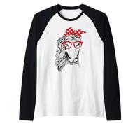 Divertida Bandana de Caballo con Diadema a Cuadros y Gafas Camiseta Manga Raglan