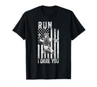 Divertida bandera estadounidense de béisbol con texto en inglés "Run I Dare You" Camiseta