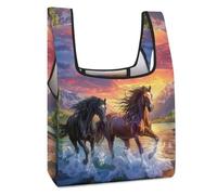 Divertida bolsa de comestibles reutilizable con diseño de caballos corriendo en el río, bolsas de compras plegables lavables, bolsa de almacenamiento ligera con asa