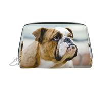 Divertida bolsa de cosméticos de piel con estampado de bulldog inglés, bolsa de maquillaje de cuero para bolso con cierre de cremallera superior, elegante bolsa de aseo, Silver, Talla única
