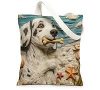 Divertida bolsa de lona con diseño de perro dálmata para ir de compras, 13 x 15 pulgadas, bolsa de comestibles reutilizable para mujer, diseño de conchas marinas para mascotas, trabajo, viajes