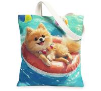 Divertida bolsa de lona con diseño de perro pomerania para ir de compras, 13 x 15 pulgadas, salvavidas para piscina, bolsa de hombro reutilizable para mujeres, decoración de regalo de pintura para