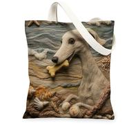 Divertida bolsa de lona de perro galgo para ir de compras de 13 x 15 pulgadas, bolsa de comestibles reutilizable para mujer, diseño de conchas marinas para mascotas, trabajo, viajes, decoración de