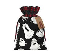 Divertida bolsa de Navidad a cuadros con estampado de fantasma blanco a juego con cordón, 4.7 x 6.9 pulgadas para Navidad, Halloween
