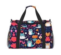 Divertida bolsa de viaje de mano con diseño de gatos, pájaros y flores, bolsa grande reutilizable para la compra, perfecta para actividades al aire libre, deportes, camping y comestibles, Negro