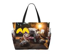 Divertida bolsa de viaje de playa de gran capacidad con estampado de bulldog inglés, con cremallera y bolsillos para viajes, vacaciones, gimnasio