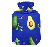 Divertida botella de agua caliente con diseño de aguacate y fruta azul real con funda suave, bolsa calentadora de 2 litros para calentador de abdomen, calentador de abdomen