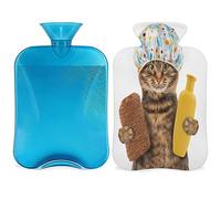 Divertida botella de agua caliente con estampado de gato con cubierta esponjosa, botella de gato de gran capacidad, bolsa de agua para noches acogedoras, alivio del dolor, espalda, cuello y hombros