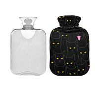 Divertida botella de agua caliente de gatos negros con cubierta, bolsa de agua caliente de 2 l, bolsa de agua caliente transparente para calambres menstruales, alivio del dolor de cuello y hombro, calentador de manos y pies