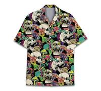 Divertida camisa hawaiana tropical, Aloha Summer Beach Camisa de manga corta con botones para hombres y mujeres, Calavera de hongos, L