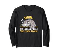 Divertida Camiseta con diseño de Gato con Texto en inglés I'm Hiding from The Stupid People Manga Larga