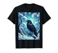 Divertida Camiseta con Forma de Cuervo en un árbol Cubierto de Nieve bajo una Noche Estrellada Camiseta
