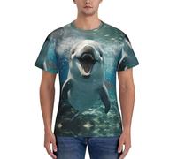 Divertida camiseta de manga corta con estampado de delfín animal para hombre, cómoda, para gimnasio, entrenamiento, actividades deportivas, Negro, L