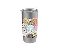 Divertida cara a cuadros con una sonrisa feliz y sonriente, Daisy Flower Girl Vaso térmico de acero inoxidable de doble pared