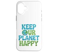 Divertida cita de dibujos animados del día de la tierra Keep Our Planet Happy nature Carcasa para iPhone 16 Plus