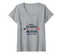 Divertida Cita de Viaje con Texto en inglés I Need a Six-Month Vacation Twice a Year Camiseta Cuello V, Mujer, Gris Jaspeado, XXL