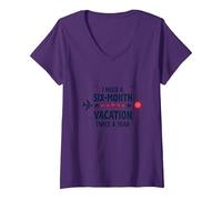 Divertida Cita de Viaje con Texto en inglés I Need a Six-Month Vacation Twice a Year Camiseta Cuello V, Mujer, Morado, XL