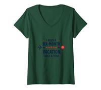 Divertida Cita de Viaje con Texto en inglés I Need a Six-Month Vacation Twice a Year Camiseta Cuello V, Mujer, Verde Bosque, L
