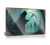 Divertida decoración al aire libre Death's Shadow: A Grim Reaper Amidst Skeletons In A Misty Forest Cartel de estaño Sarcástico Letreros divertidos para la casa (30 x 40 cm)