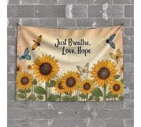 Divertida decoración al aire libre, girasoles y mariposas: Just Breathe, Love, Hope Tapiz, accesorios de garaje para cueva de hombre, decoración divertida para Ba(75 x 100 cm)
