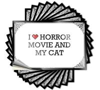 Divertida decoración de cocina tatuaje de diatomeas - I Love Horror Movie & My Cat calcomanía de vinilo resistente al agua (6 x 9 cm)
