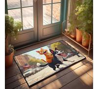 Divertida decoración de patio con diseño de gato y perro de aventura en la ciudad, alfombra al aire libre para puerta de entrada (50 x 80 cm)