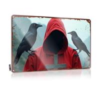 Divertida decoración de patio con texto en inglés "Crow Guardian: The Red Cloaked Figure with Symbolic Cross Tin Sign Decor Man Cueva Funny Signs" (30 x 40 cm)