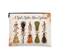 Divertida escoba de bruja con cita de otoño, bolsa de maquillaje de