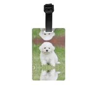 Divertida etiqueta impresa de perro bichón frise, utilizada para accesorios esenciales de equipaje de viaje, bolsas de equipaje, mochilas.