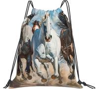 Divertida Mochila Plegable Impresión artística de Caballos Corriendo Resistente Mochila Escolar 36x42cm para Piscina,Playa