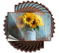 Divertida pegatina para parachoques, girasoles vintage en lata de leche rústica sobre fondo azul desgastado, 10 calcomanías y calcomanías para casco duro para coche (6 x 9 cm)