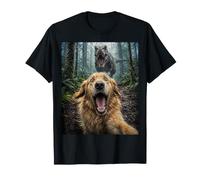 Divertida Selfie con Perro Golden Retriever T-Rex Dinosaur Chase Camiseta
