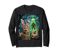 Divertida Selfie de Gato con Conejo de Pascua Bigfoot OVNI para Hombres y Mujeres Manga Larga