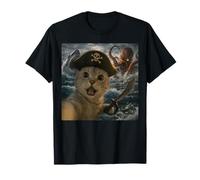 Divertida Selfie de Gato Pirata con Monstruo Marino, Pulpo y tiburón Camiseta
