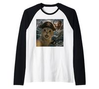 Divertida Selfie de Gato Pirata con Monstruo Marino, Pulpo y tiburón Camiseta Manga Raglan