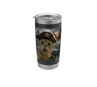 Divertida selfie de gato pirata con monstruo marino, pulpo y tiburón Vaso térmico de acero inoxidable de doble pared