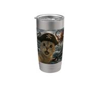 Divertida selfie de gato pirata con monstruo marino, pulpo y tiburón Vaso térmico de acero inoxidable de doble pared