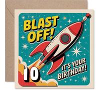 Divertida tarjeta de 10º cumpleaños - Blast off into double digits - Retro Rocket Zooms Through a Colorful Space Scene - 145 mm cuadrado, sobre incluido