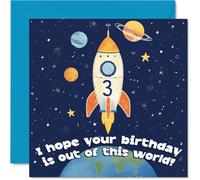 Divertida tarjeta de 3er cumpleaños - Blast off to Birthday Fun - Colorido diseño de cohete y planetas para pequeños aventureros - Una forma cósmica de cumplir tres - Cuadrada de 145 mm, sobre