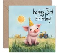 Divertida tarjeta de 3er cumpleaños - Oink-tastic Birthday Fun - Cerdo alegre en un sombrero de fiesta con escena de granja pastel soleada - Garantizado para despertar sonrisas - cuadrado de 145 mm