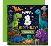 Divertida tarjeta de 3er cumpleaños - Rugidos de risas esperan - Dinosaurios coloridos fiesta en un dinosaurio ácaro 3er cumpleaños - lleno de diversión prehistórica - cuadrado de 145 mm, sobre