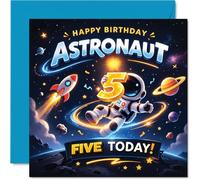 Divertida tarjeta de 5º cumpleaños - Aventura fuera de este mundo - astronauta y cohete acercándose a través de un espacio vibrante - cuadrado de 145 mm, sobre incluido