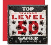 Divertida tarjeta de 50 cumpleaños, Level Up at 50 | Diseño Grunge Gamer con agujeros de bala e iconos de juego, para risas de cumpleaños hitos, cuadrado de 145 mm