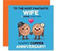 Divertida tarjeta de 7º aniversario para esposa, celebrando 7 años de cobre, bonito diseño de pareja de monedas de dibujos animados, cuadrado de 145 mm, sobre incluido