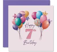 Divertida tarjeta de 7º cumpleaños - Bursting with Birthday Fun - Globos coloridos, estrellas y un número 7 rosa audaz - Diseño alegre para su gran día - Cuadrado de 145 mm, sobre incluido